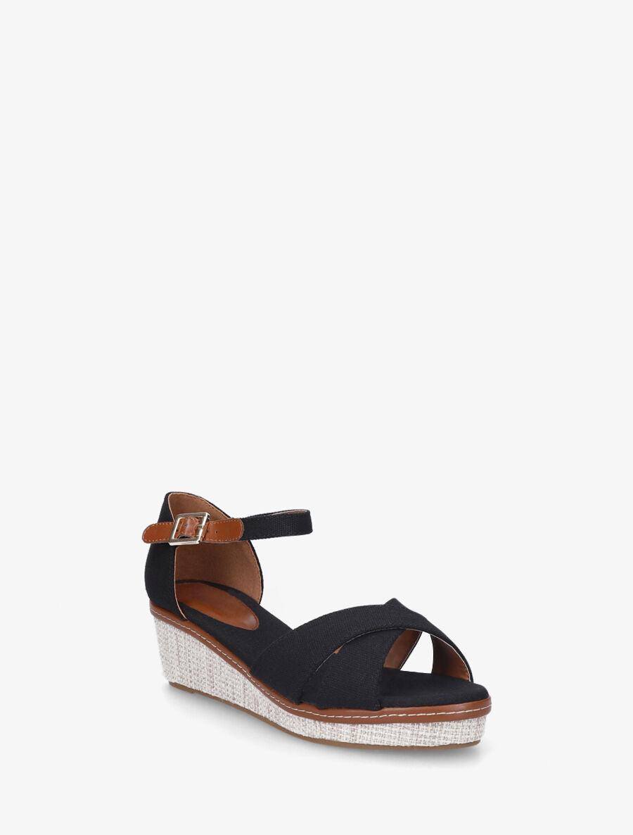 Sandales compensées bride croisées en tissu - Noir - 3