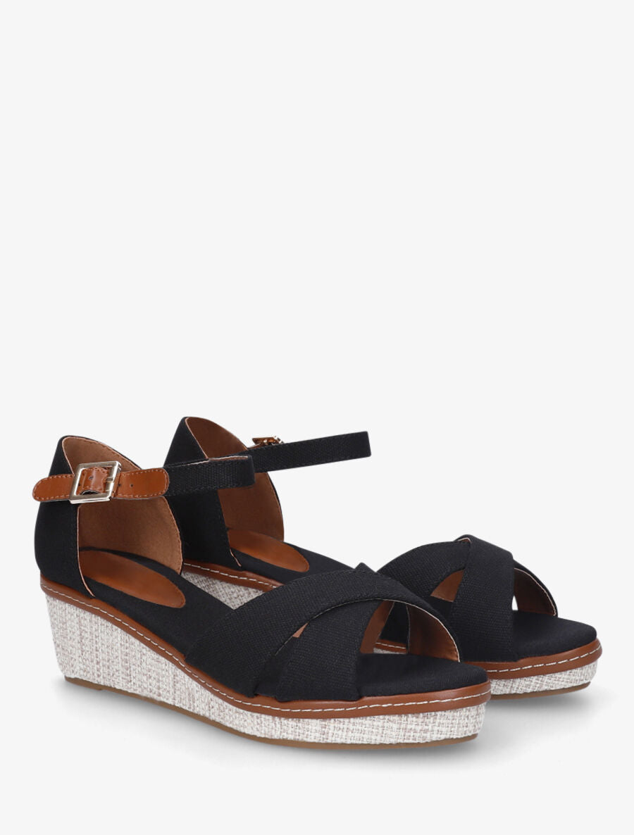 Sandales compensées bride croisées en tissu - Noir - 5
