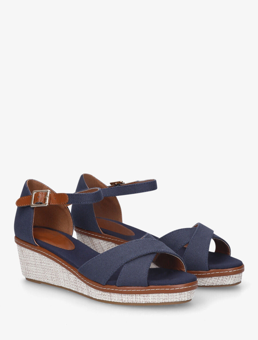 Sandales compensées bride croisées en tissu - Marine - 4