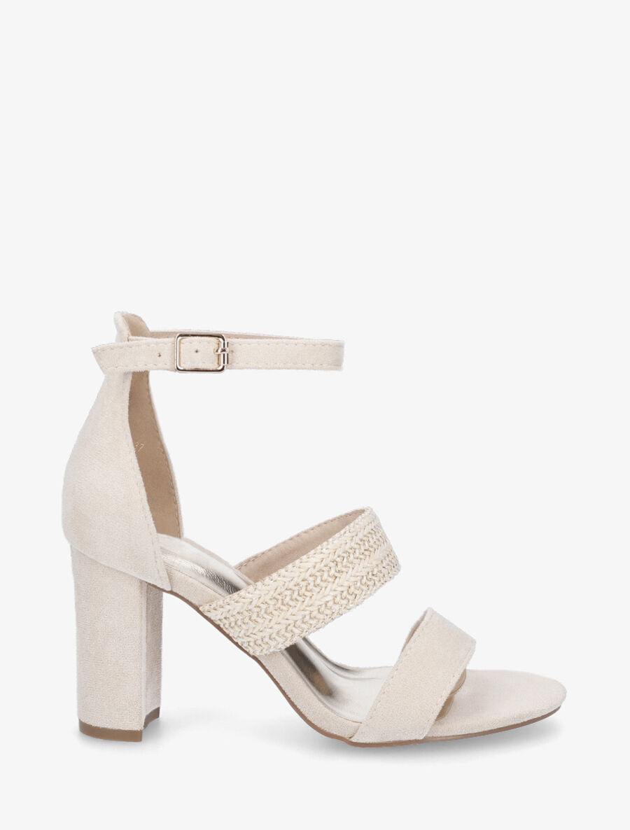 Sandales à talon en suédine et raphia - Beige - 5
