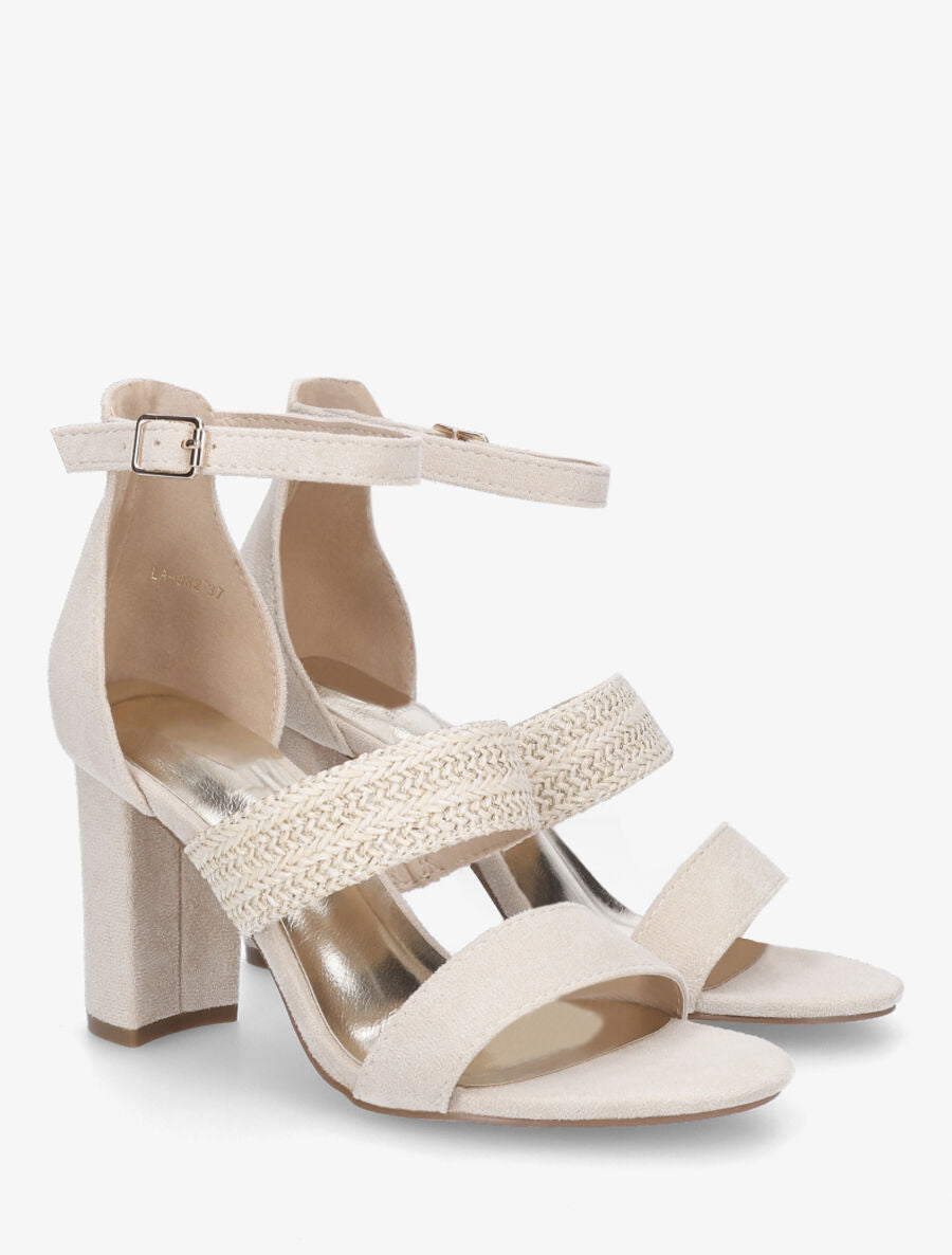 Sandales à talon en suédine et raphia - Beige - 4