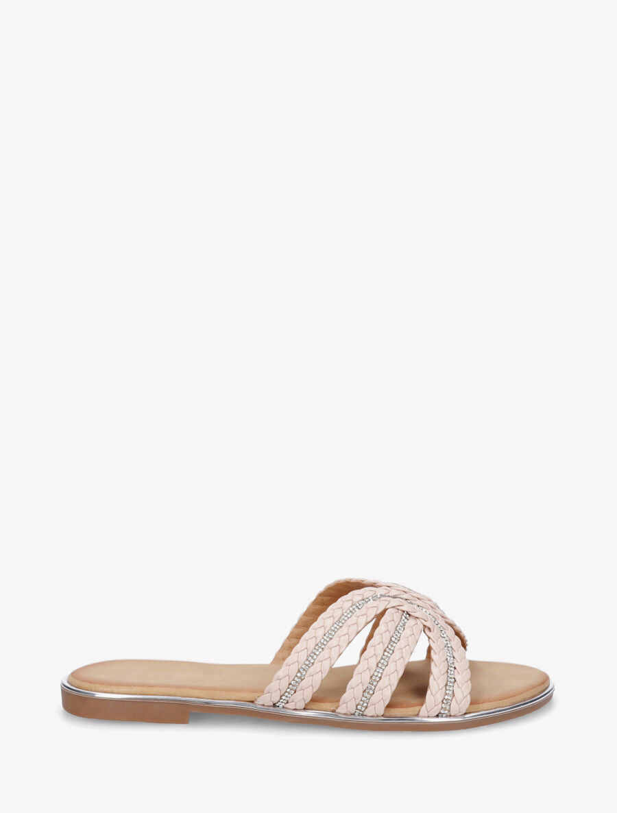 Mules plates tressée à strass - Beige - 1