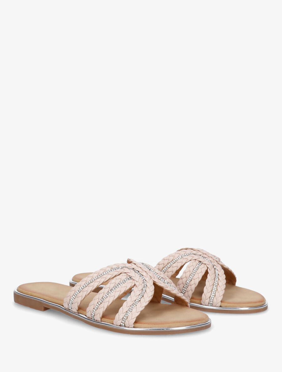 Mules plates tressée à strass - Beige - 4