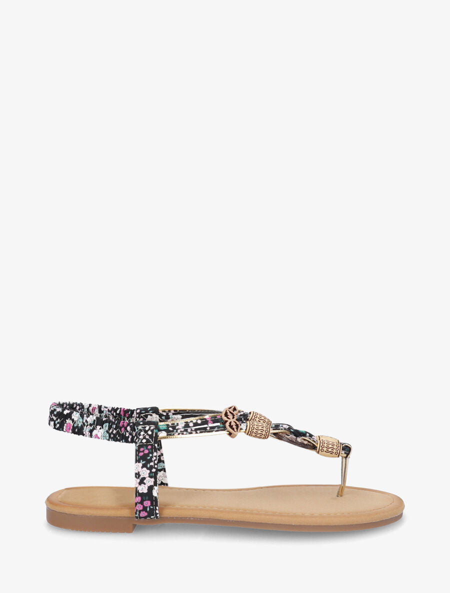 Nu-pieds imprimé fleuri et perles en bois - Noir - 1