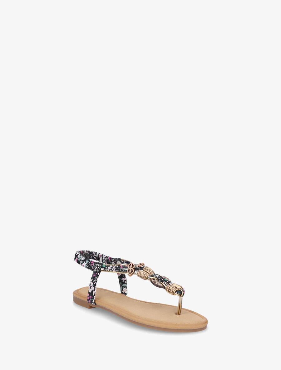 Nu-pieds imprimé fleuri et perles en bois - Noir - 2