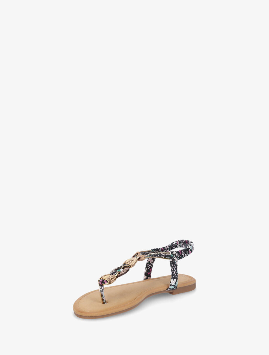 Nu-pieds imprimé fleuri et perles en bois - Noir - 3
