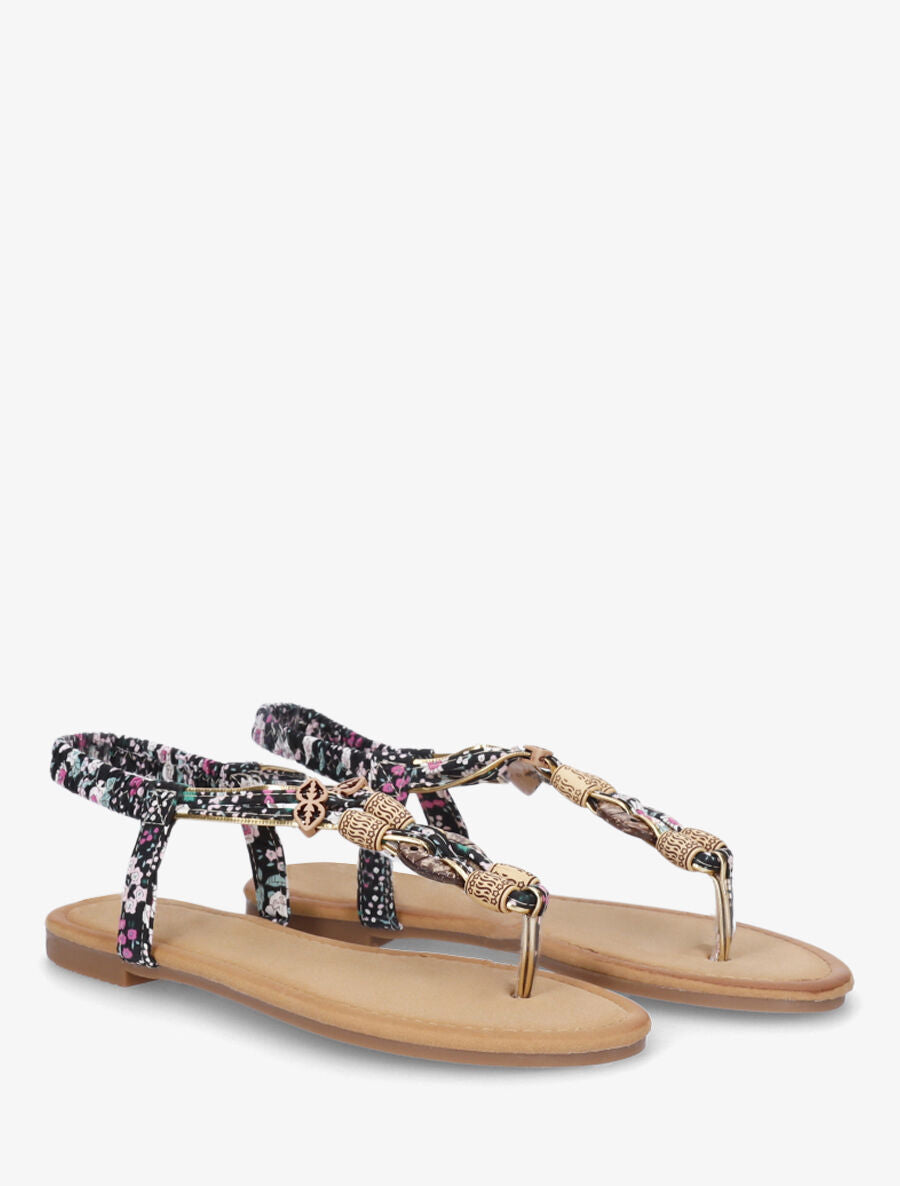 Nu-pieds imprimé fleuri et perles en bois - Noir - 4