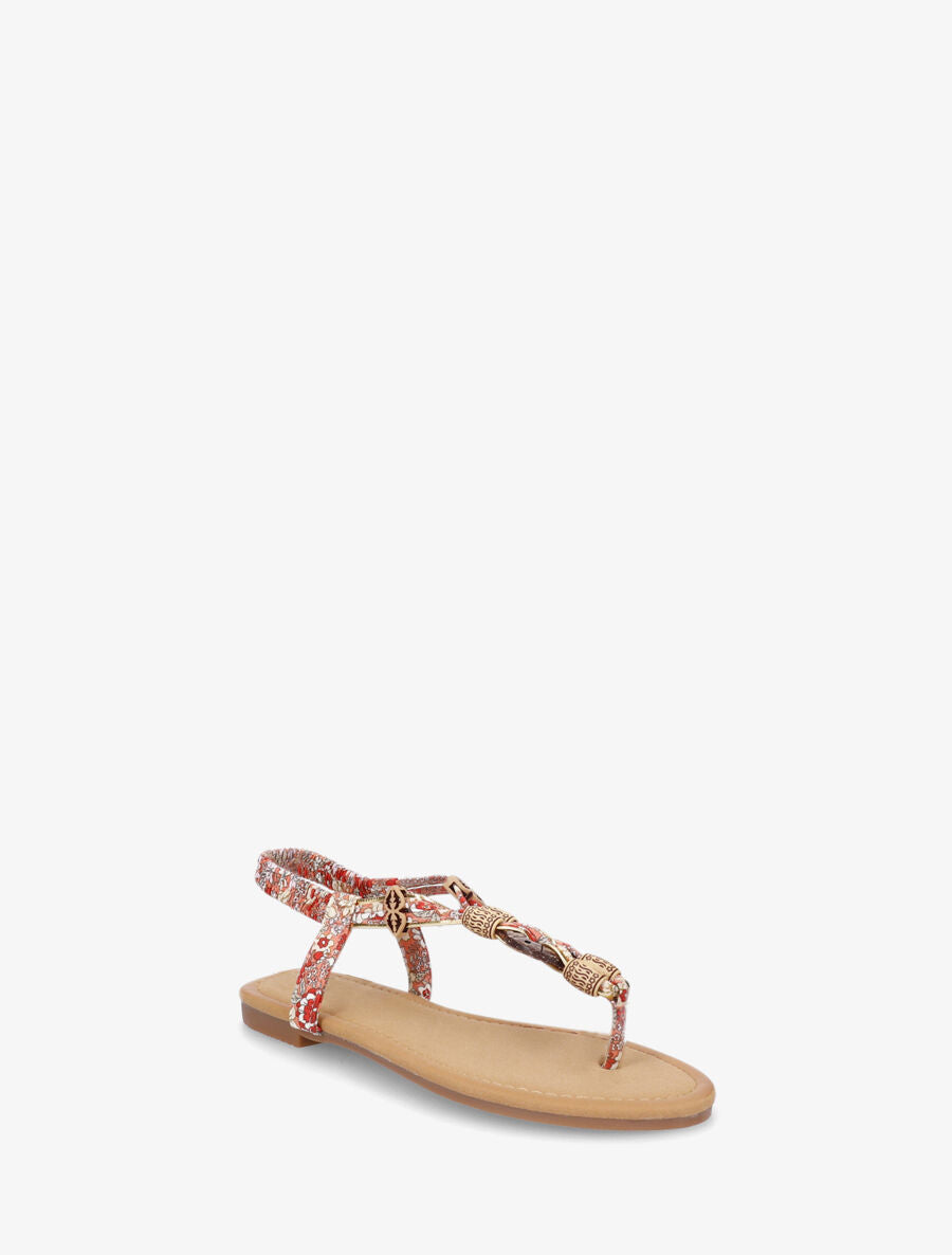Nu-pieds imprimé fleuri et perles en bois - Rouge - 2