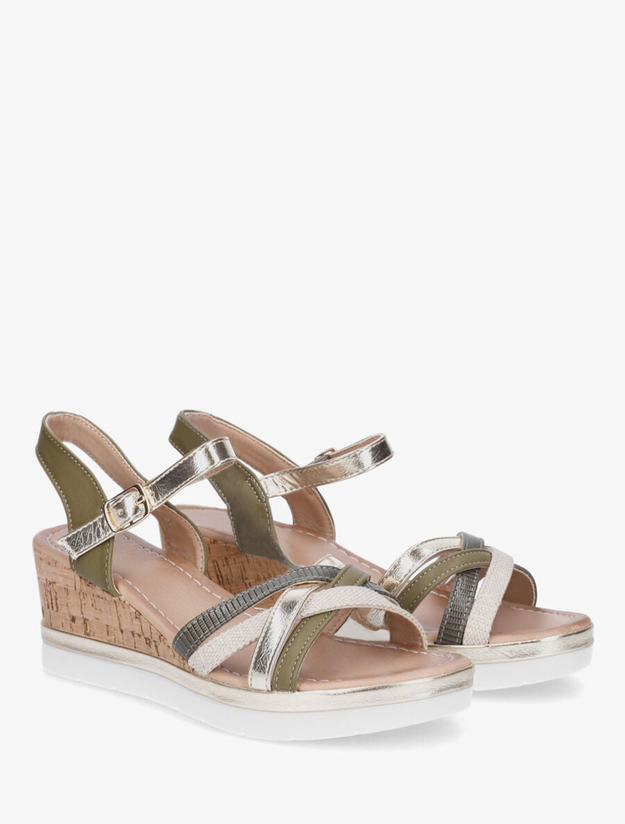 Sandales compensées à brides fantaisies - Kaki - 4
