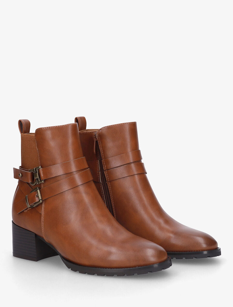 Bottines en simili à ceinturons et bande élastique - Camel - 4