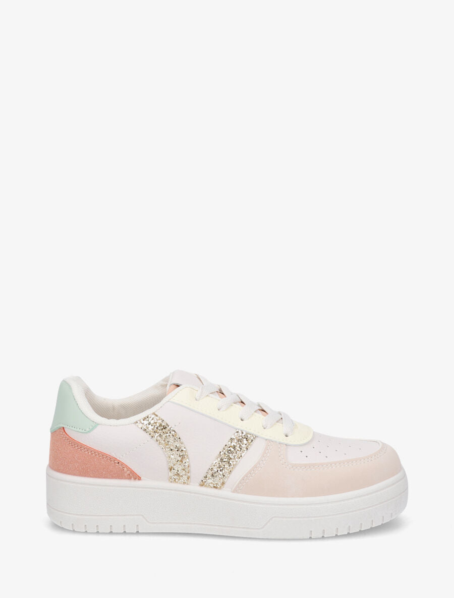Sneakers à lacets et bandes à paillettes - Beige - 5