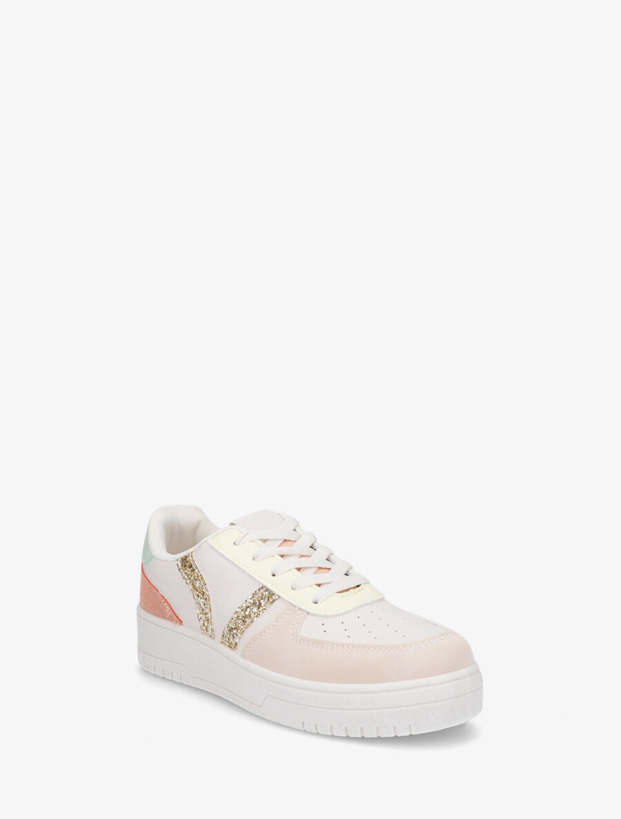 Sneakers à lacets et bandes à paillettes - Beige - 2