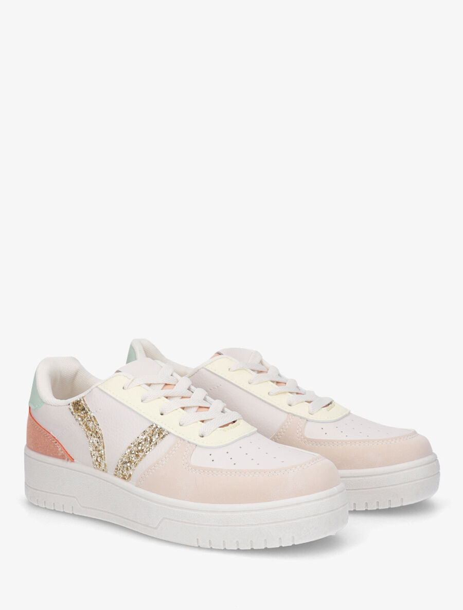 Sneakers à lacets et bandes à paillettes - Beige - 4