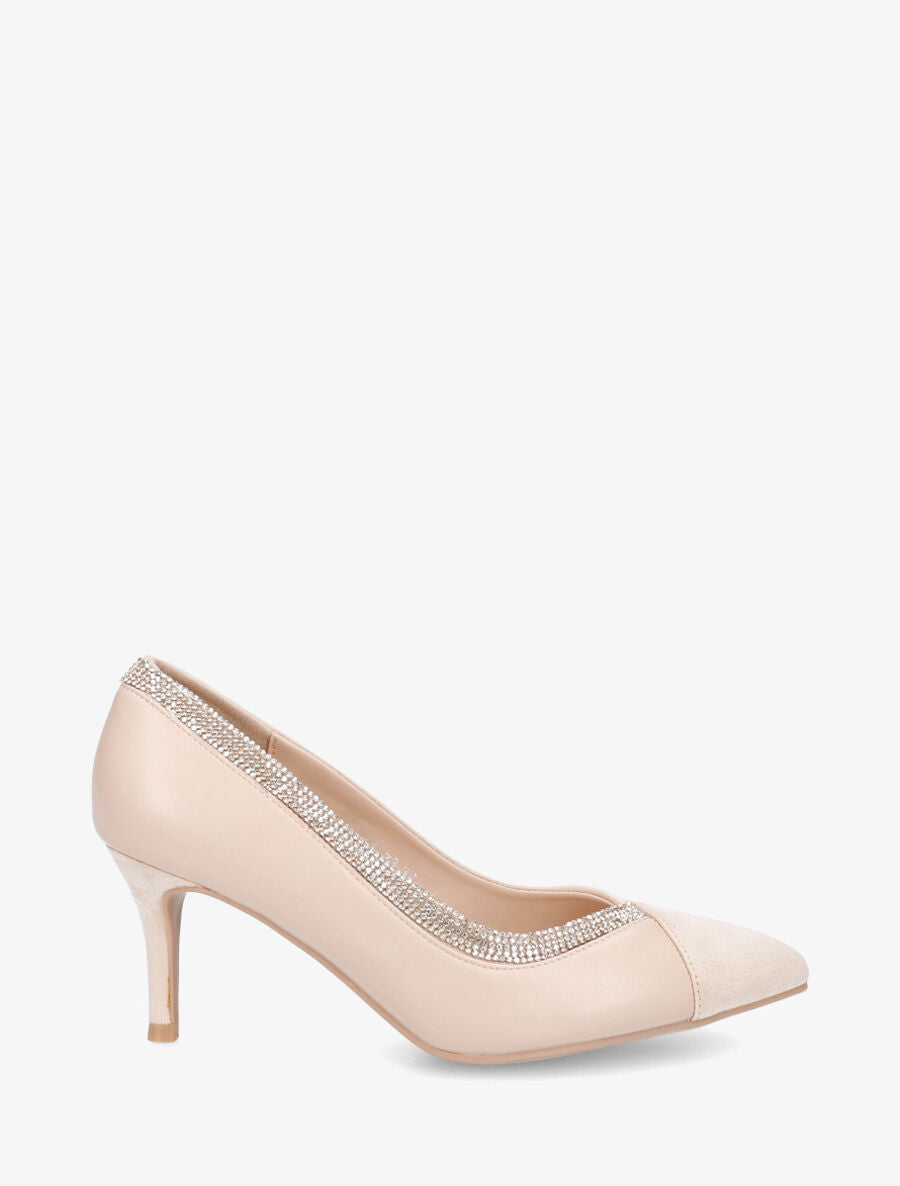 Escarpins bi-matière à bande strassée - Beige - 1