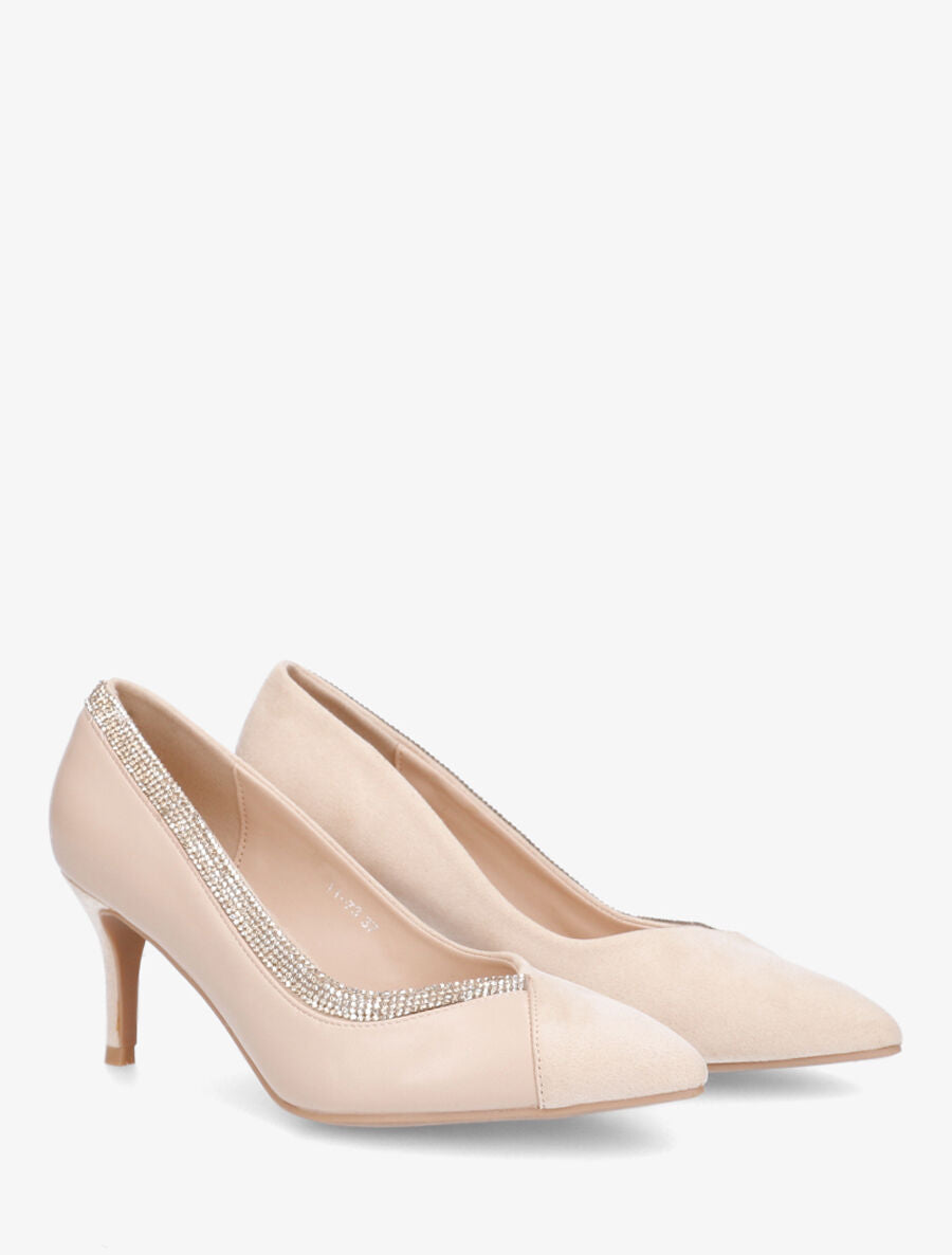 Escarpins bi-matière à bande strassée - Beige - 4
