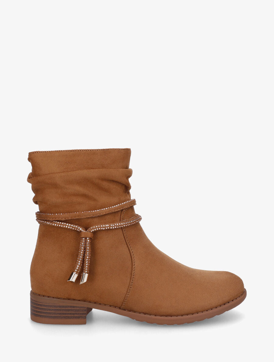 Bottines en suédine à cheville plissée - Camel - 1