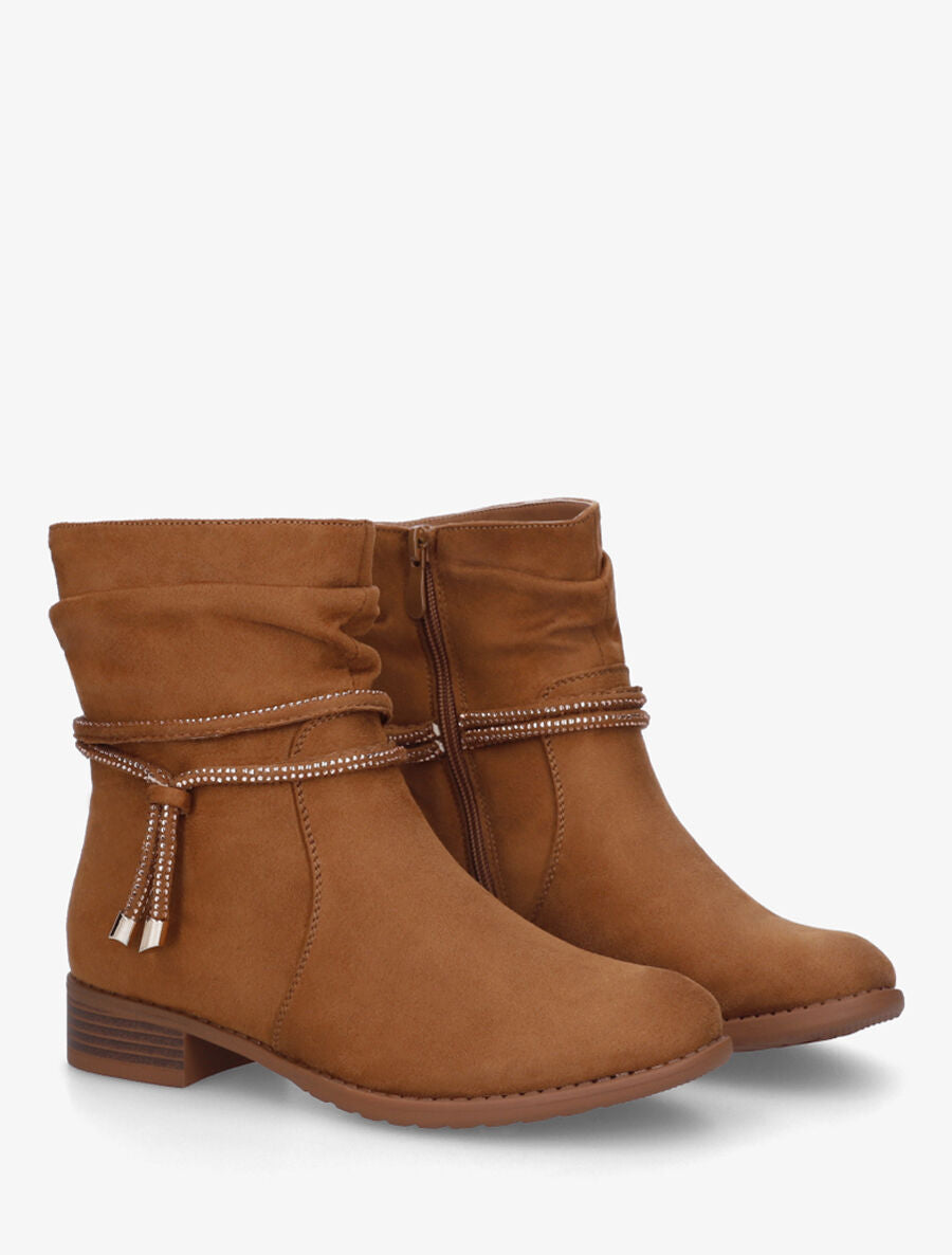 Bottines en suédine à cheville plissée - Camel - 4