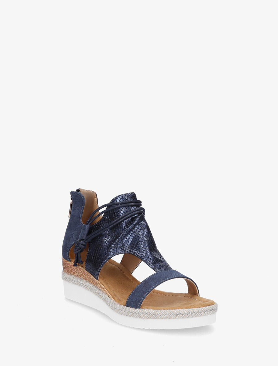 Sandales compensées effet python à liens - Marine - 2