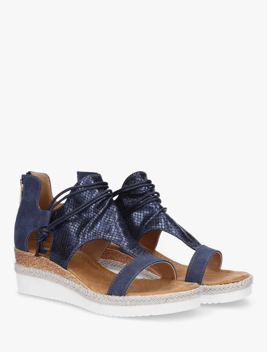 Sandales compensées effet python à liens - Marine - 4