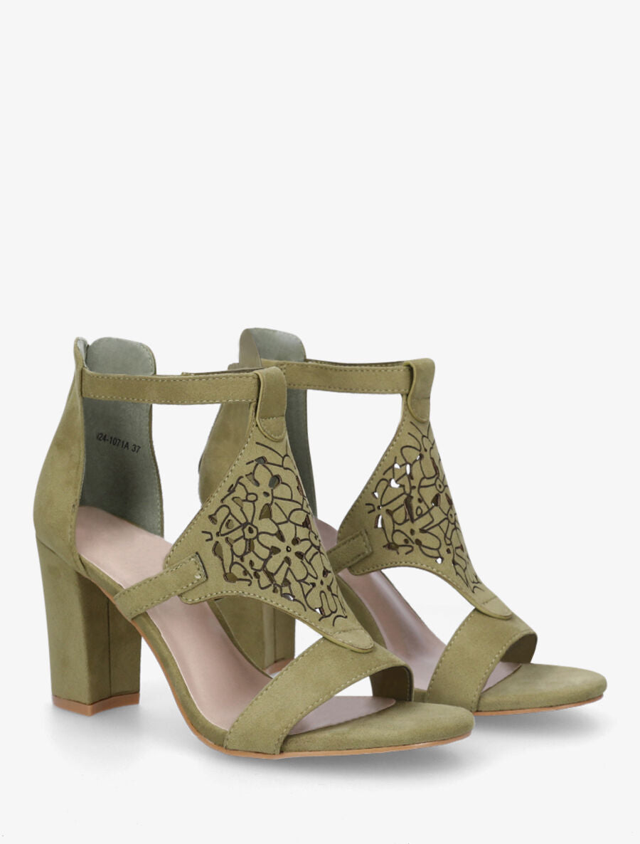 Sandales en suédine à claque piquetée motif fleuri - Kaki - 4