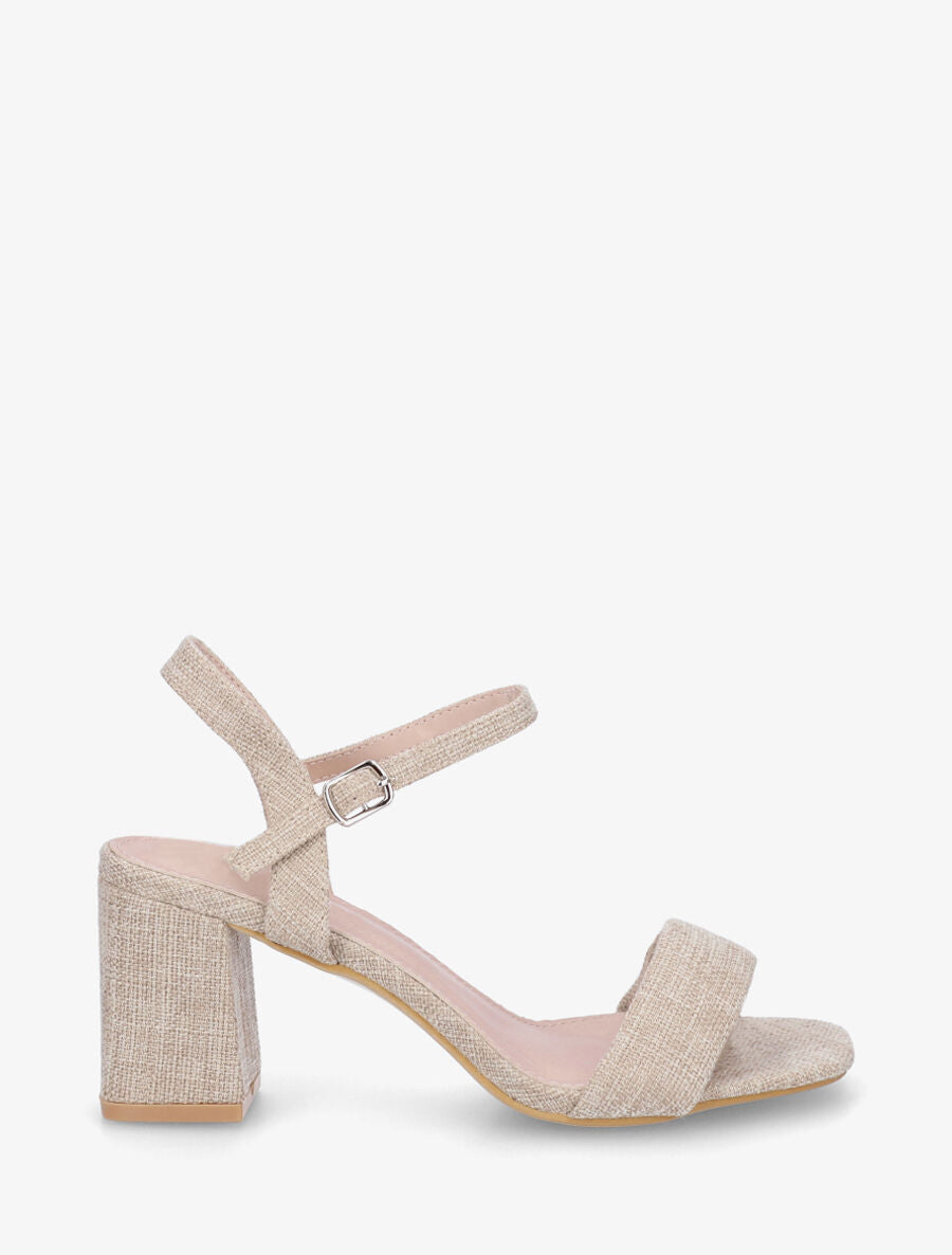 Sandales en tissu à talon carré - Beige - 5