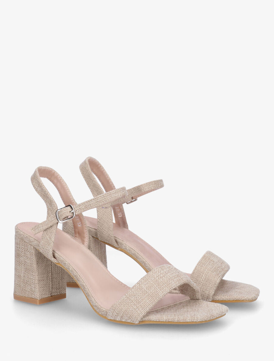 Sandales en tissu à talon carré - Beige - 4
