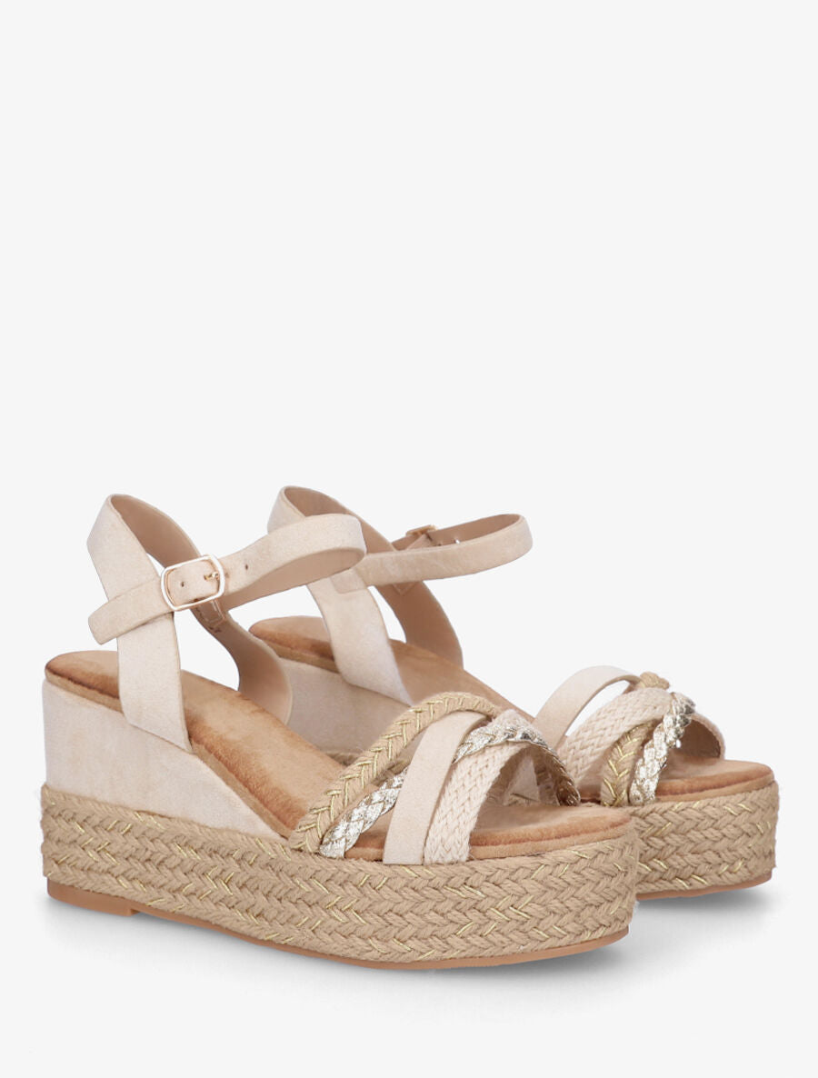 Sandales compensées en raphia et simili tressés - Beige - 4