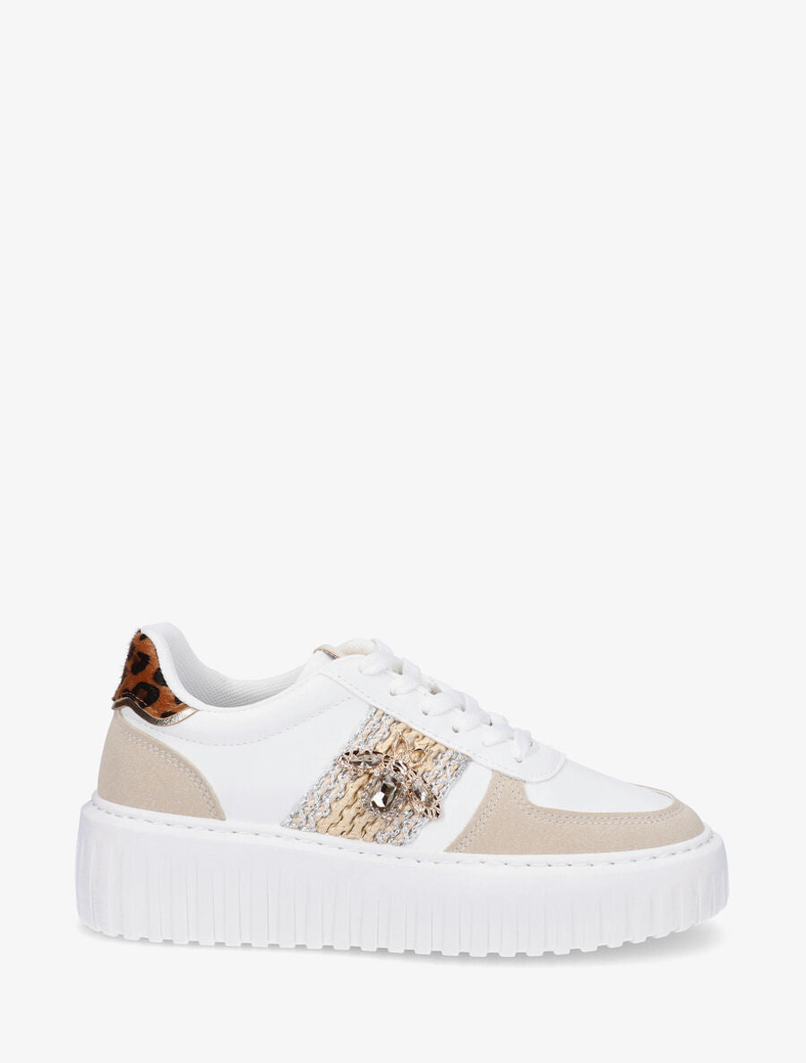 Sneakers en simili à empiècement bijou strassé - Beige - 1