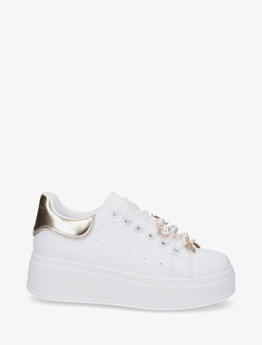 Sneakers à lacets en voile et empiècement bijoux - Or - 1