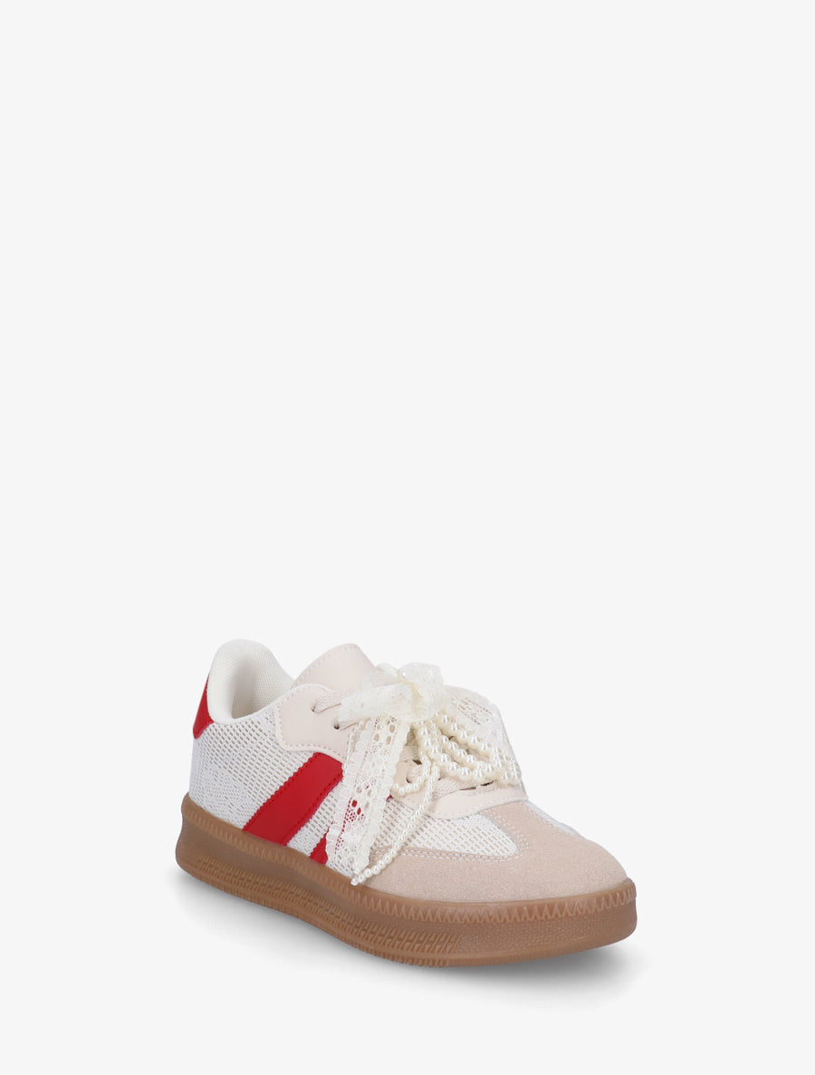 Sneakers à empiècement dentelle et lacets stylisés - Rouge - 2
