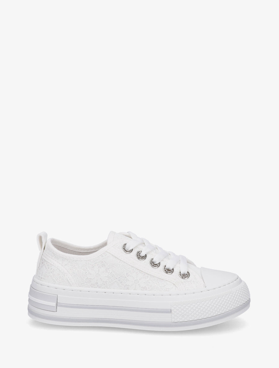Sneakers en dentelle et pailleté - Blanc - 1
