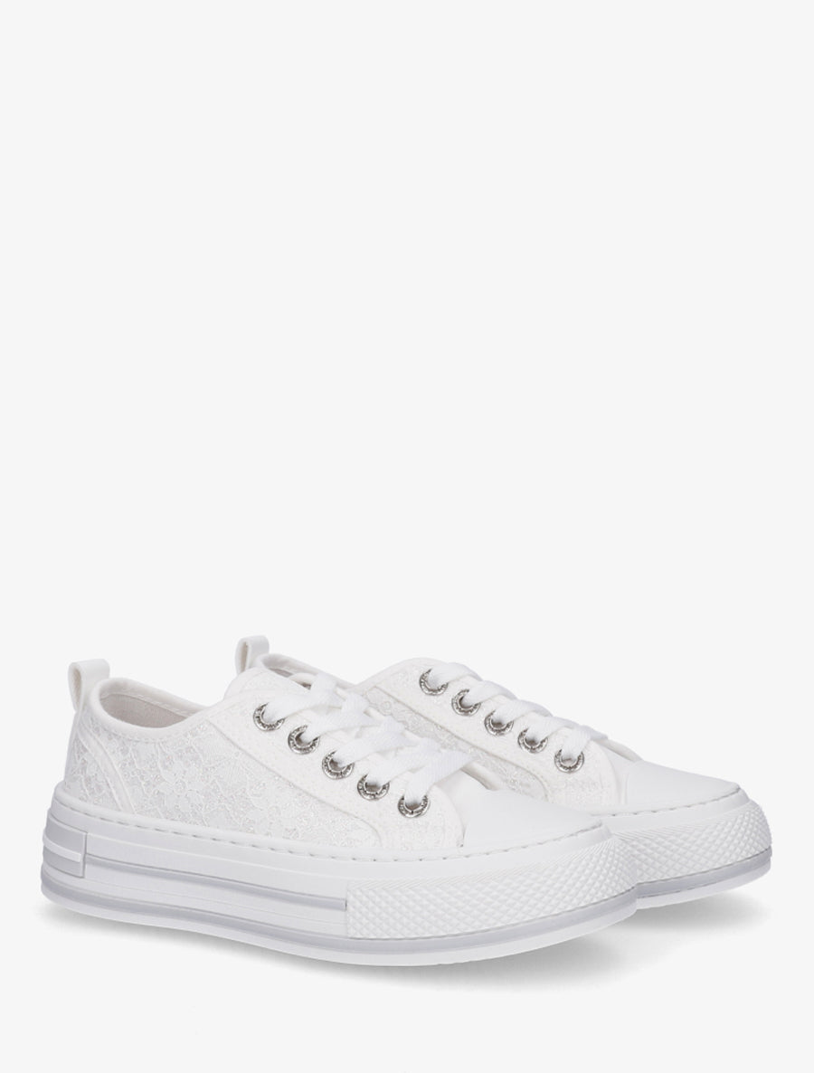 Sneakers en dentelle et pailleté - Blanc - 4