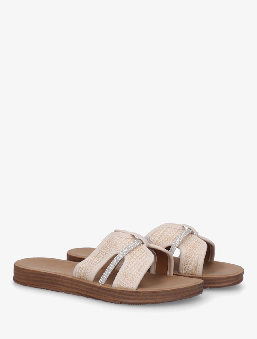 Mules plates en simili et raphia à strass - Beige - 4