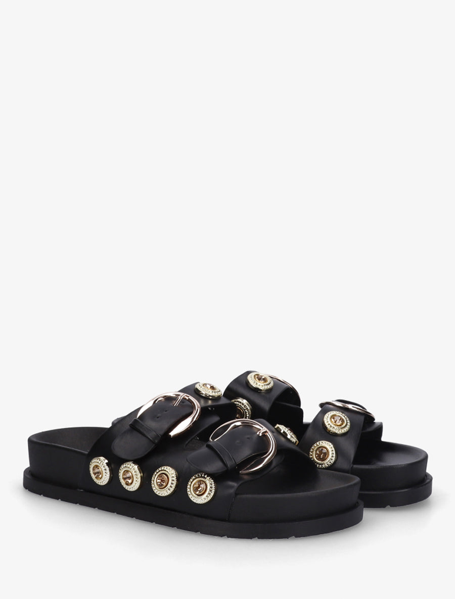 Claquettes en simili à empiècement bijoux strassés - Noir - 4