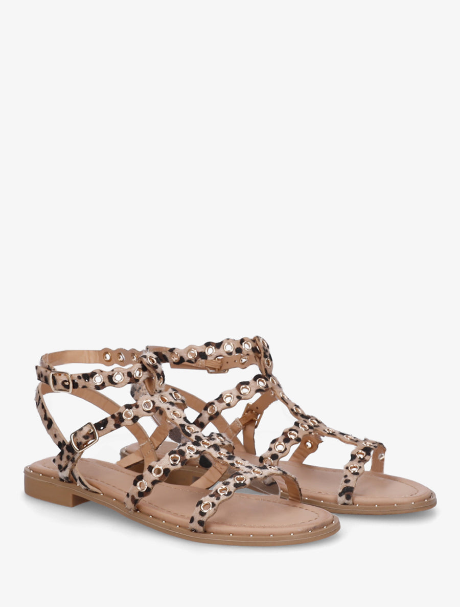 Nu-pieds style spartiates à oeillets motif léopard - Beige - 4