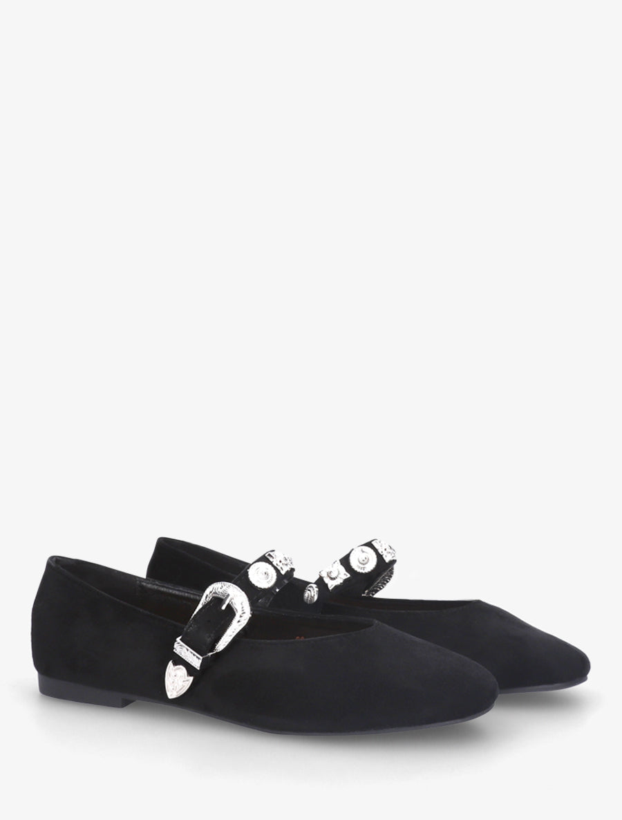 Ballerines en suédine à bride cloutée - Noir - 4