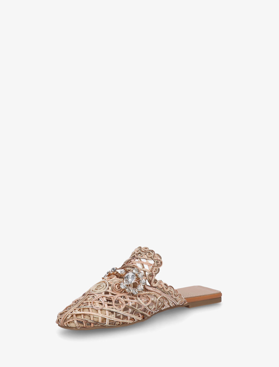 Mules en raphia à bijoux strassés - Beige rosé - 3