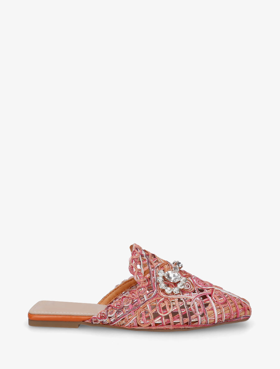 Mules en raphia à bijoux strassés - Orange - 1