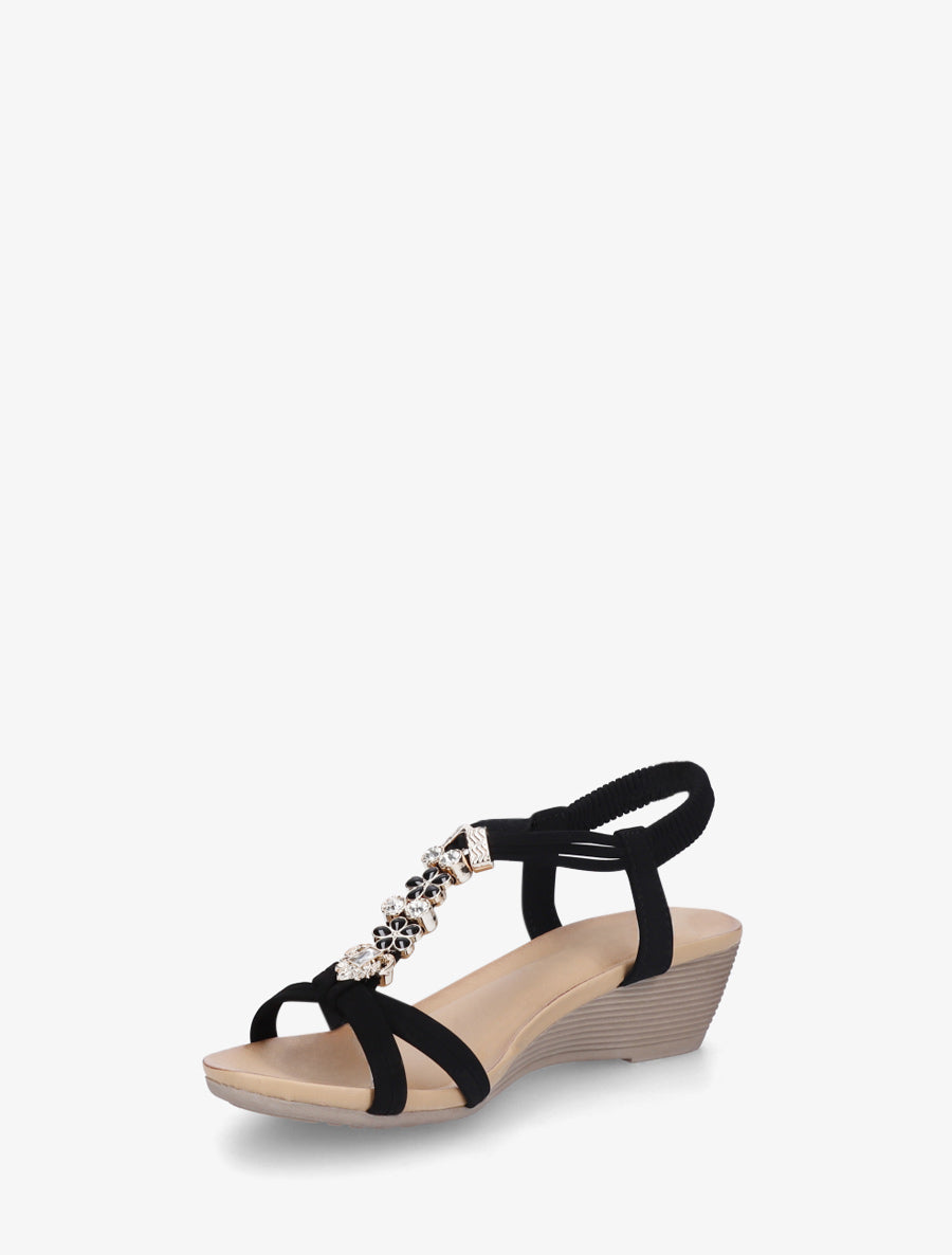 Sandales compensées à empiècement bijoux strassés - Noir - 3