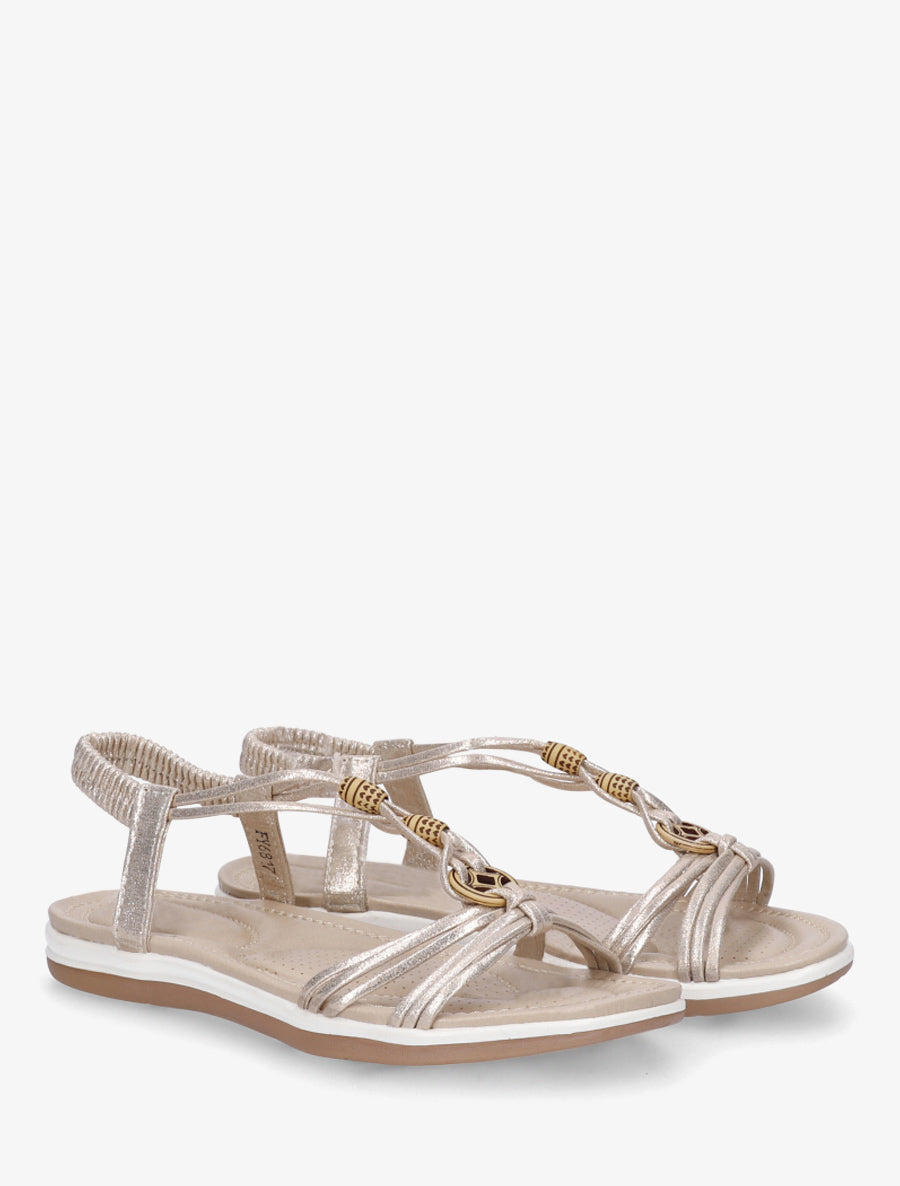 Sandales à perles en bois et cheville élastiquée - Or - 4