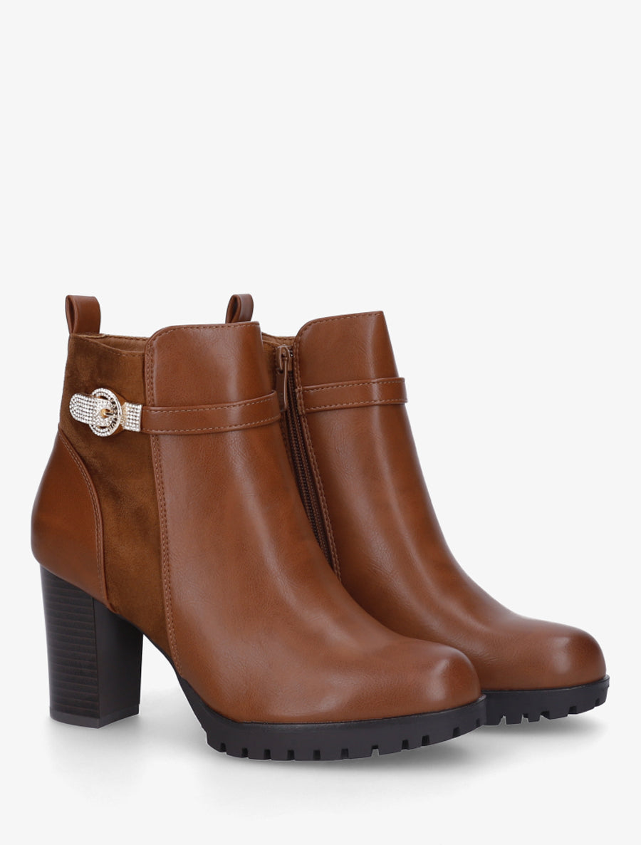 Bottines bi-matière à boucle strassée - Camel - 4