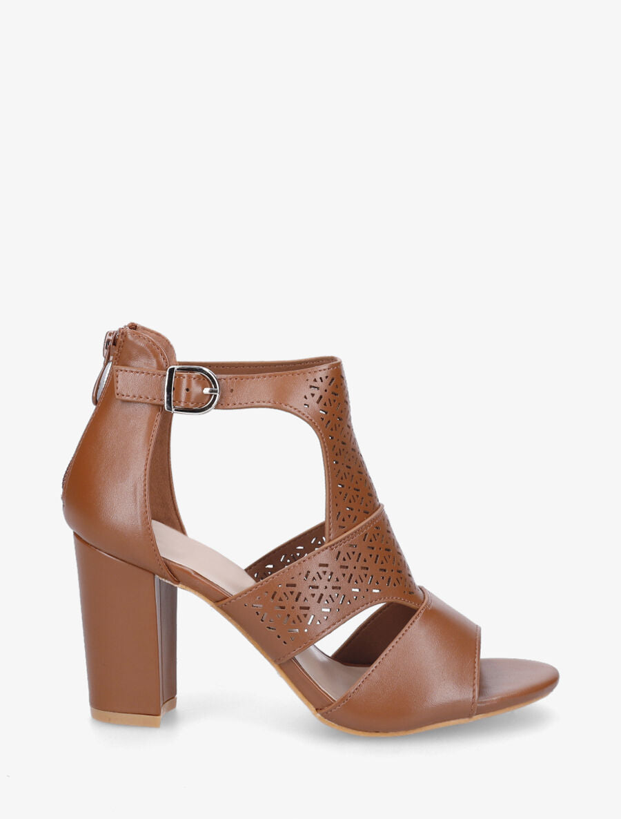 Sandales à talon et bride ajourée en simili - Camel - 2