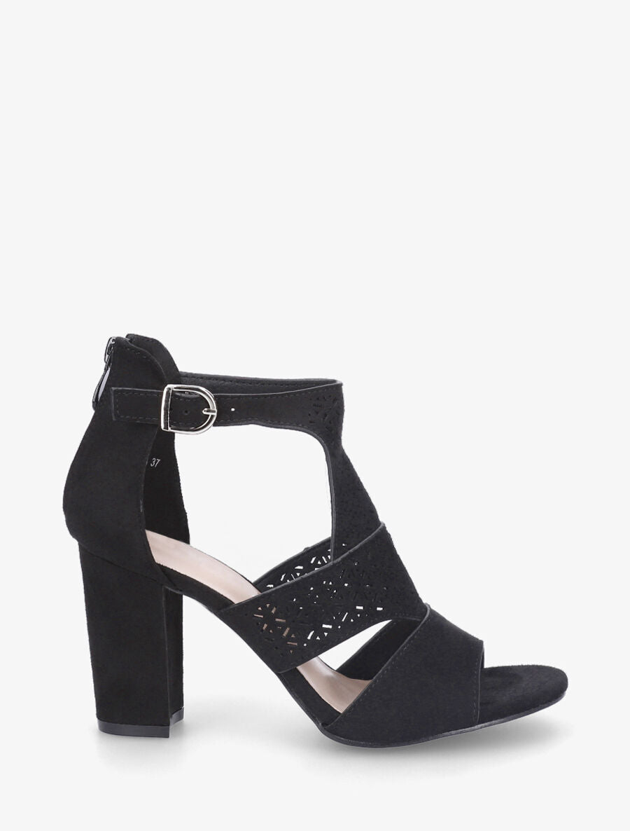 Sandales à talon et bride ajourée en suédine - Noir - 6