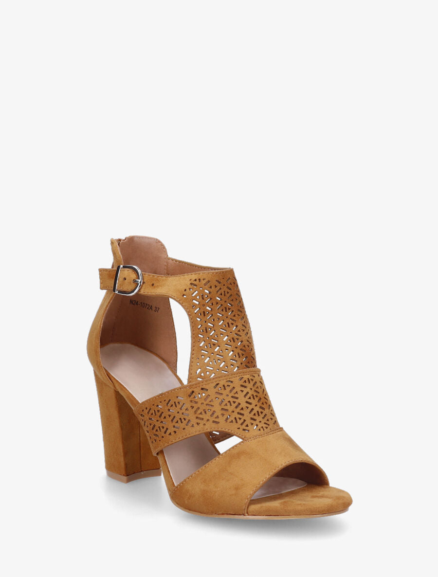 Sandales à talon et bride ajourée en suédine - Camel - 2