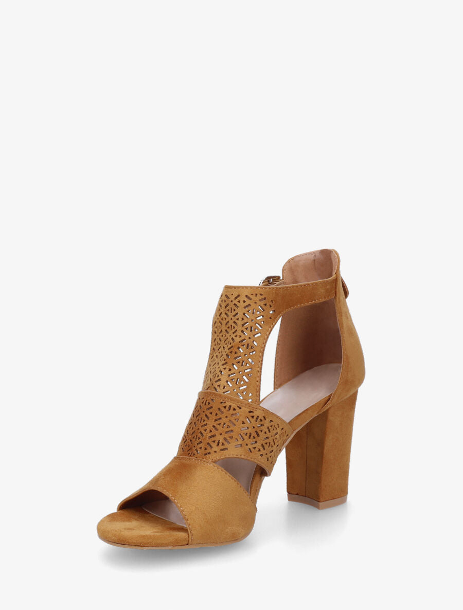 Sandales à talon et bride ajourée en suédine - Camel - 3