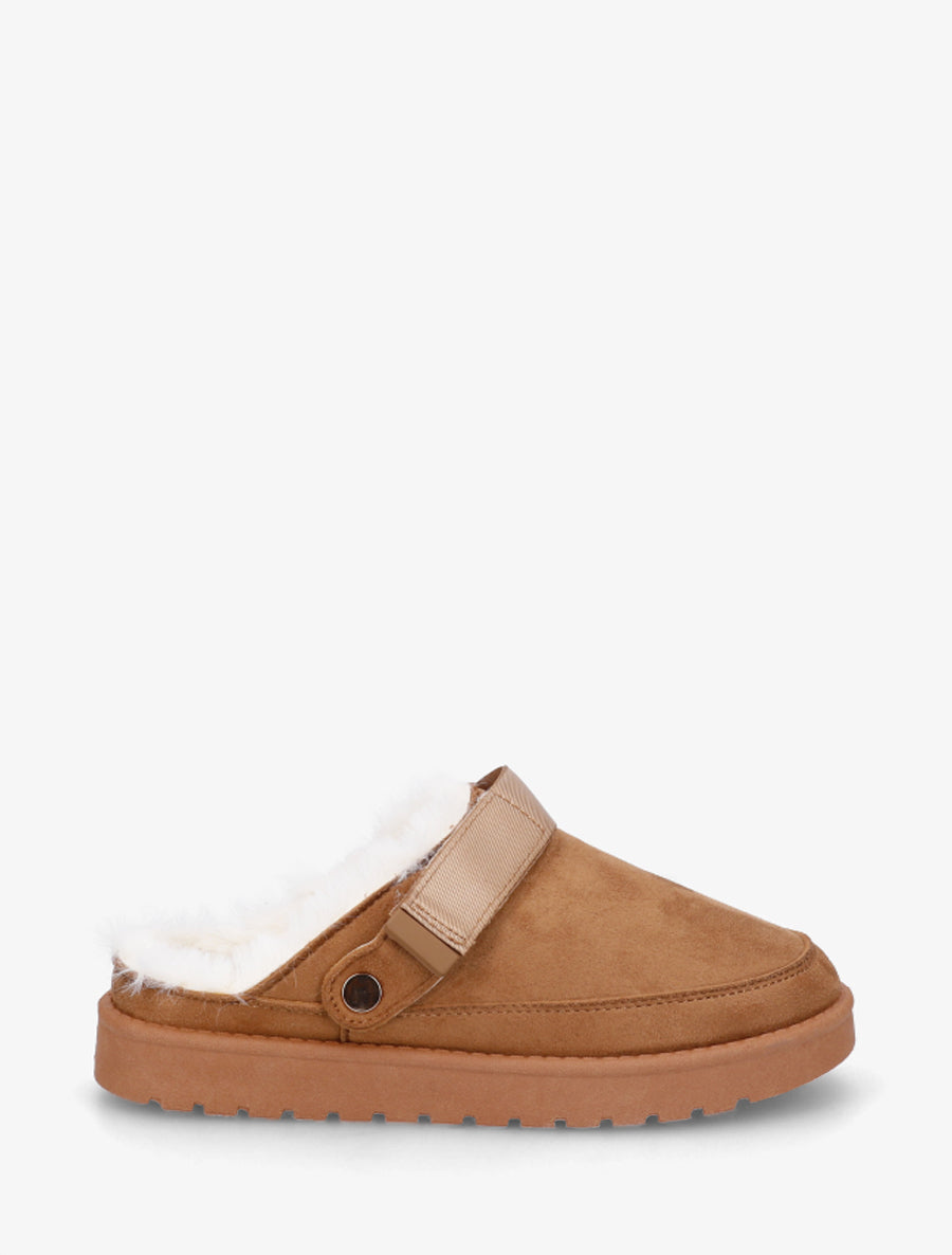 Mules fourrées en suédine - Camel - 1
