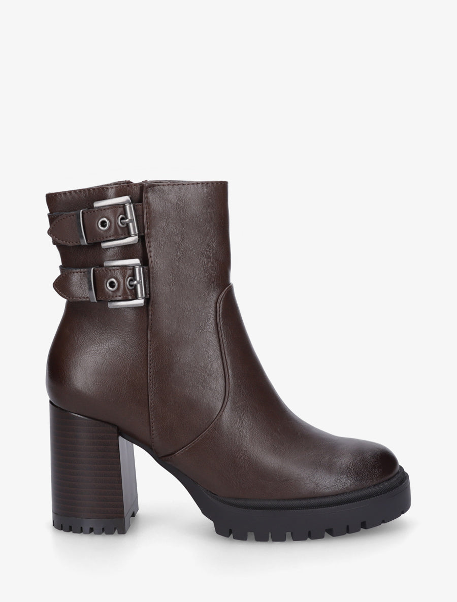 Bottines en simili à double sangles - Marron - 1