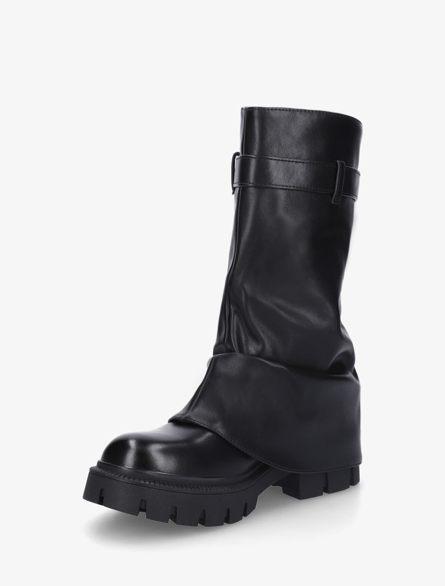 Bottines à revers et zip décoratif en simili - Noir - 3