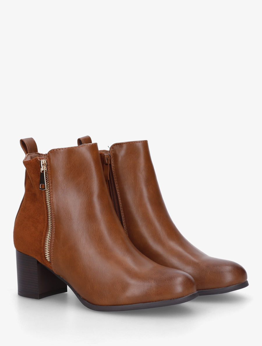 Bottines bimatière à zip décoratif - Camel - 4
