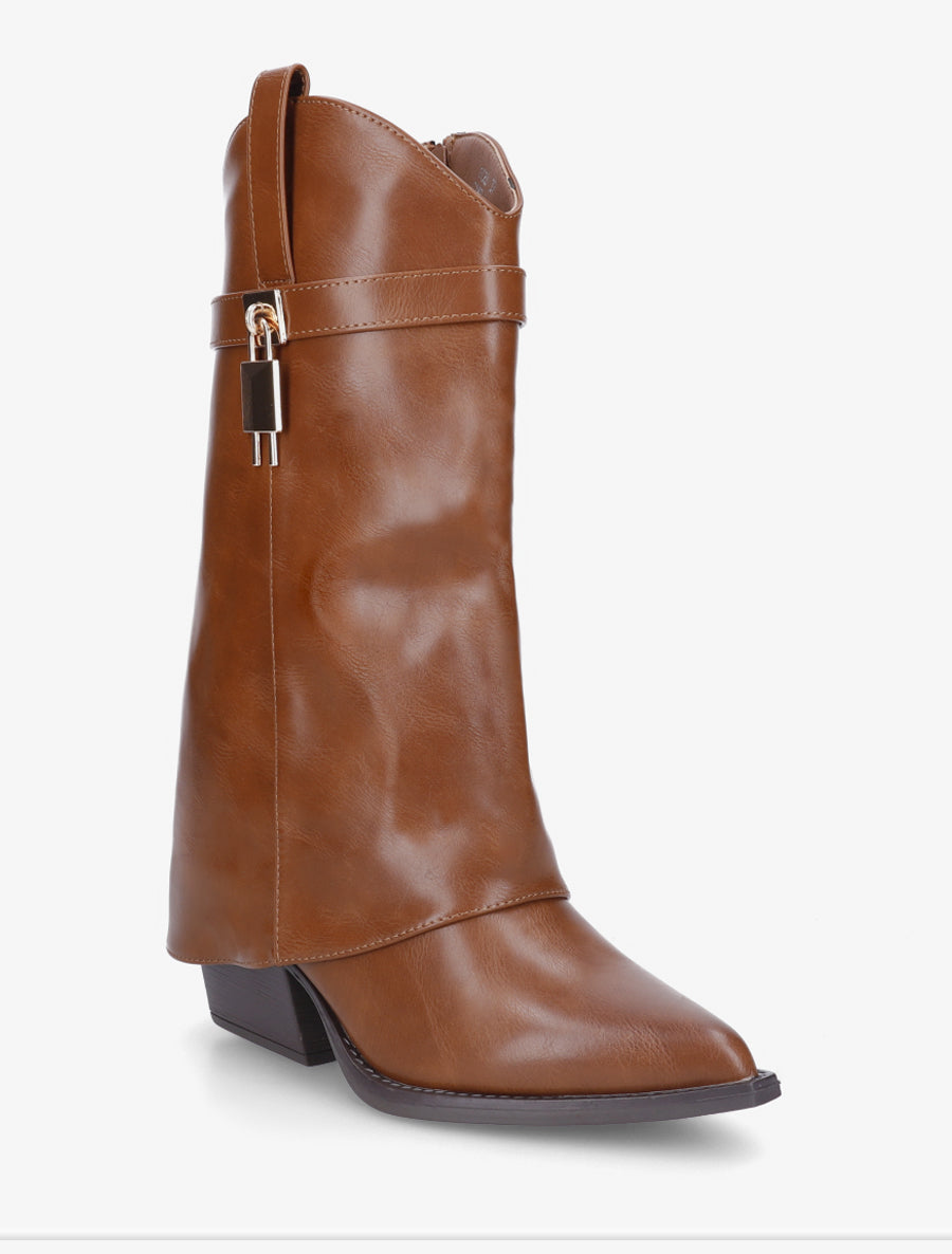 Bottines montantes à revers en simili - Camel - 2